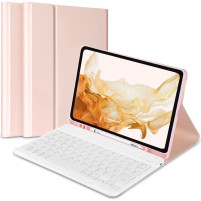 Луксозен кожен калъф с Bluetooth клавиатура за Samsung Galaxy Tab A8 10.5  X200 / X205 розов